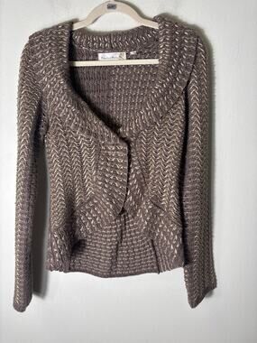 Charlie and Robin Brown Knit Open Cardigan Sweater with Gold Threading Sz S